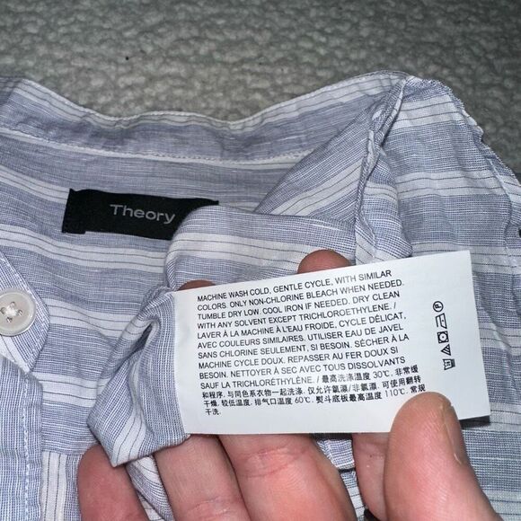 Theory Womens Blue White Linen Blend Button Down Shirt Large EUC - Picture 8 of 12